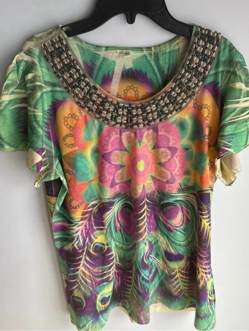 Beaded Scoop Neck Multicolor Floral & Feather Print Women's Top large
